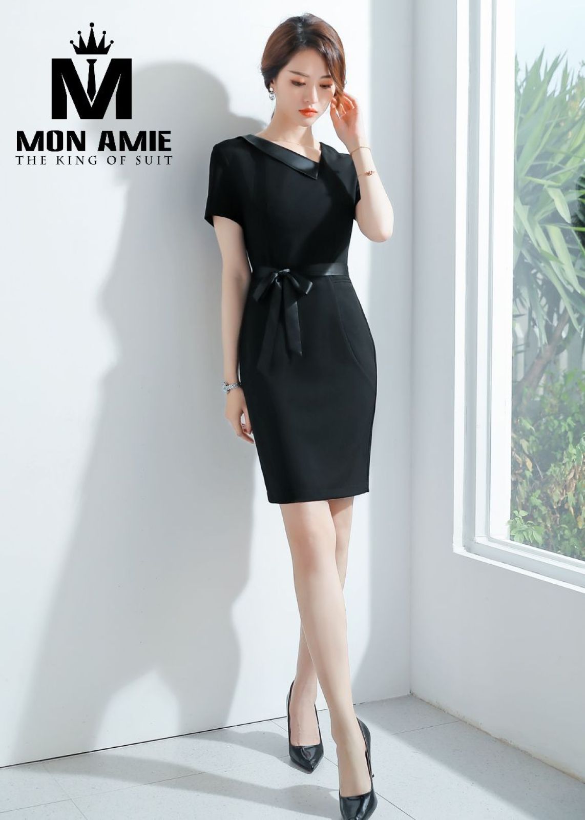 Black Sheath Dress With Bowtie Satin Waistband 